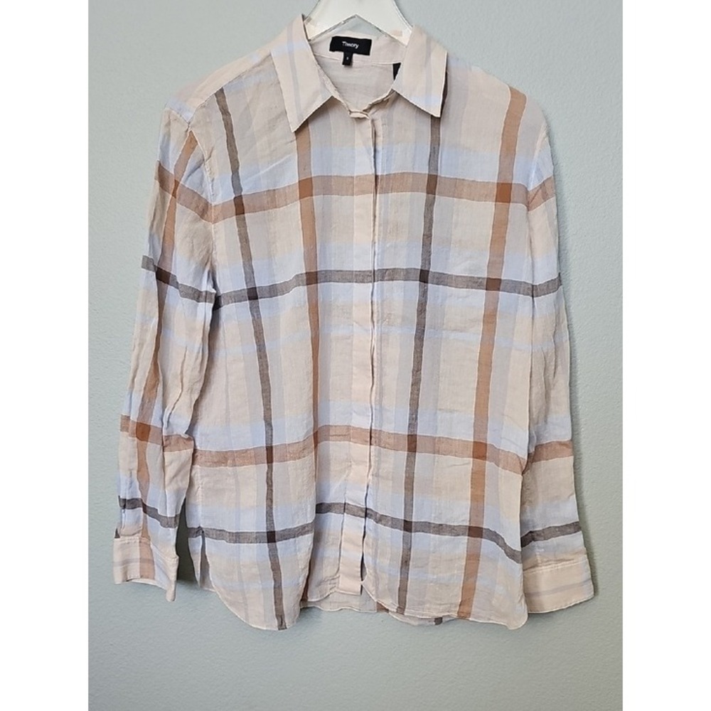 Theory Womens Plaid Button Down Shirt Beige Blue Long Sleeve Size S - Picture 2 of 8
